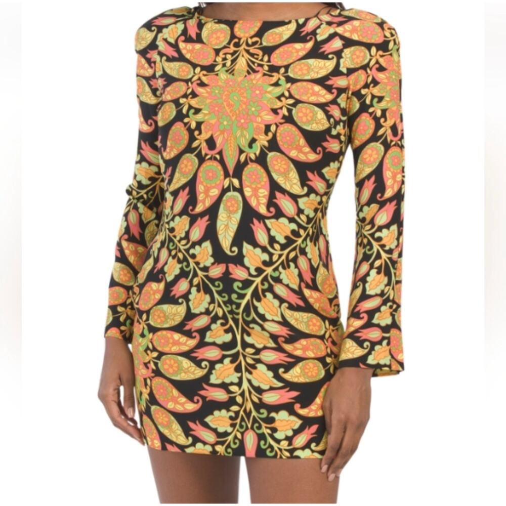 Zara Womens XS Mini Bodycon Floral Paisley Dress Bell Sleeve Cutout Multicolor‎